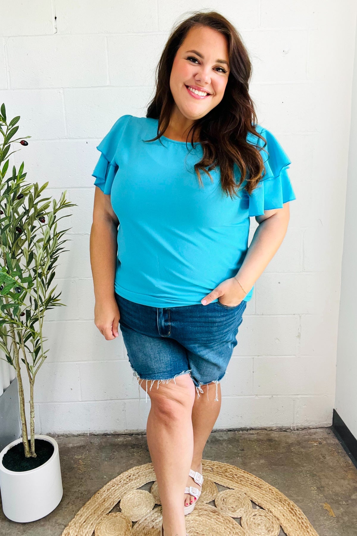 Lovely In Blue Tiered Double Ruffle Sleeve Woven Top