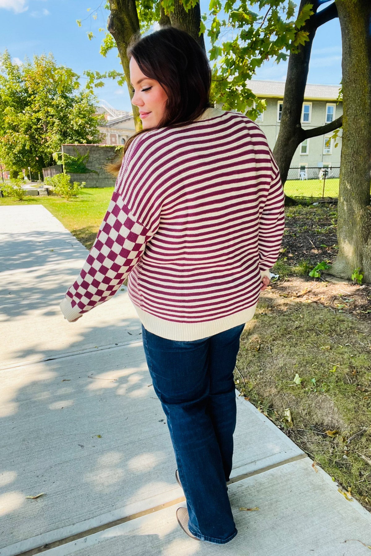 Cozy Days Magenta Checkered & Striped Button-Down Cardigan