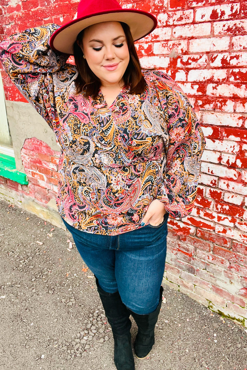 Feeling Elegant Black & Rust Paisley Surplice Peplum Top