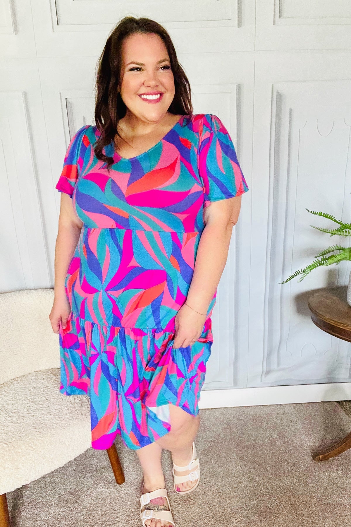 Remember Me Blue & Fuchsia Geo Print V Neck Dress