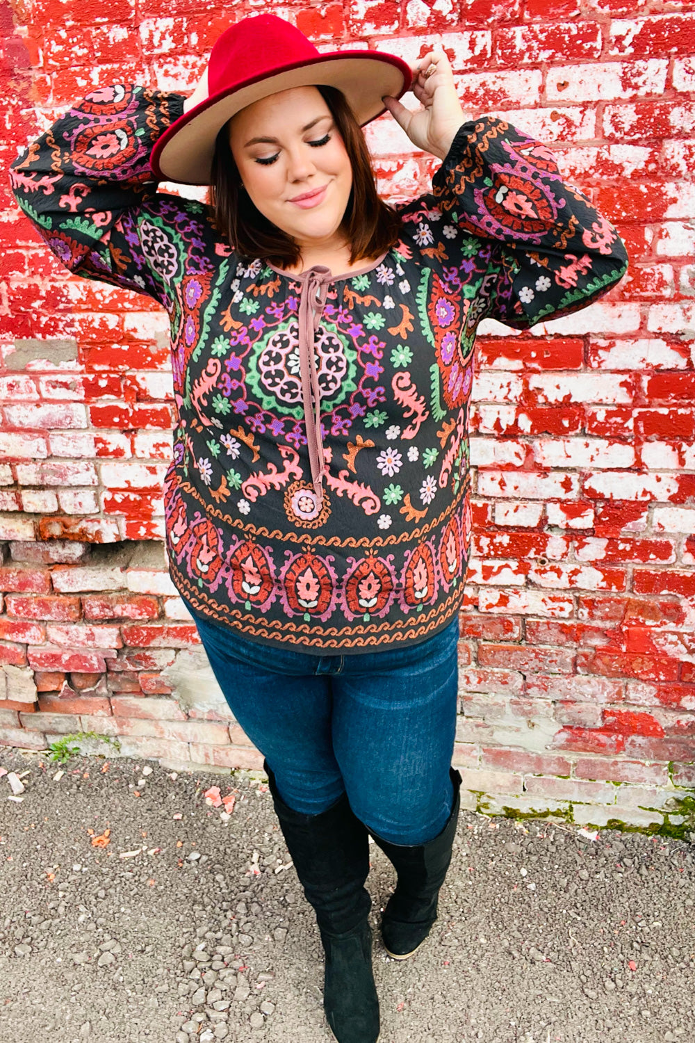 Take The Leap Black & Mauve Border Print Boho Tie Top