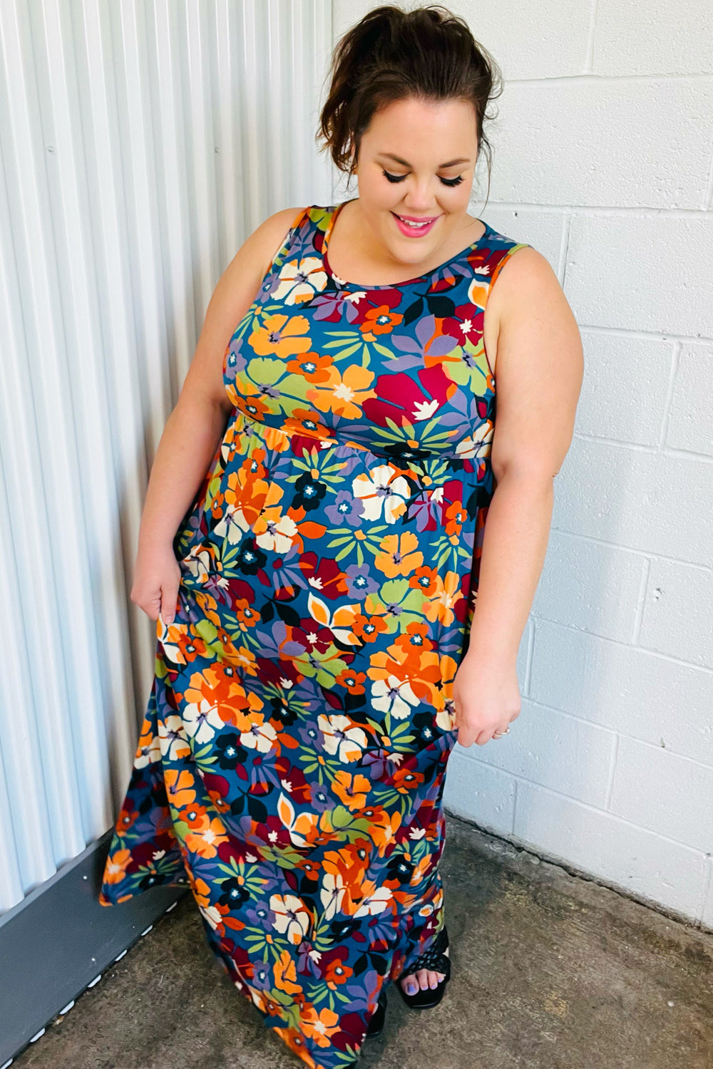 Teal & Maroon Flat Floral  Fit and Flare Sleeveless Maxi Dress