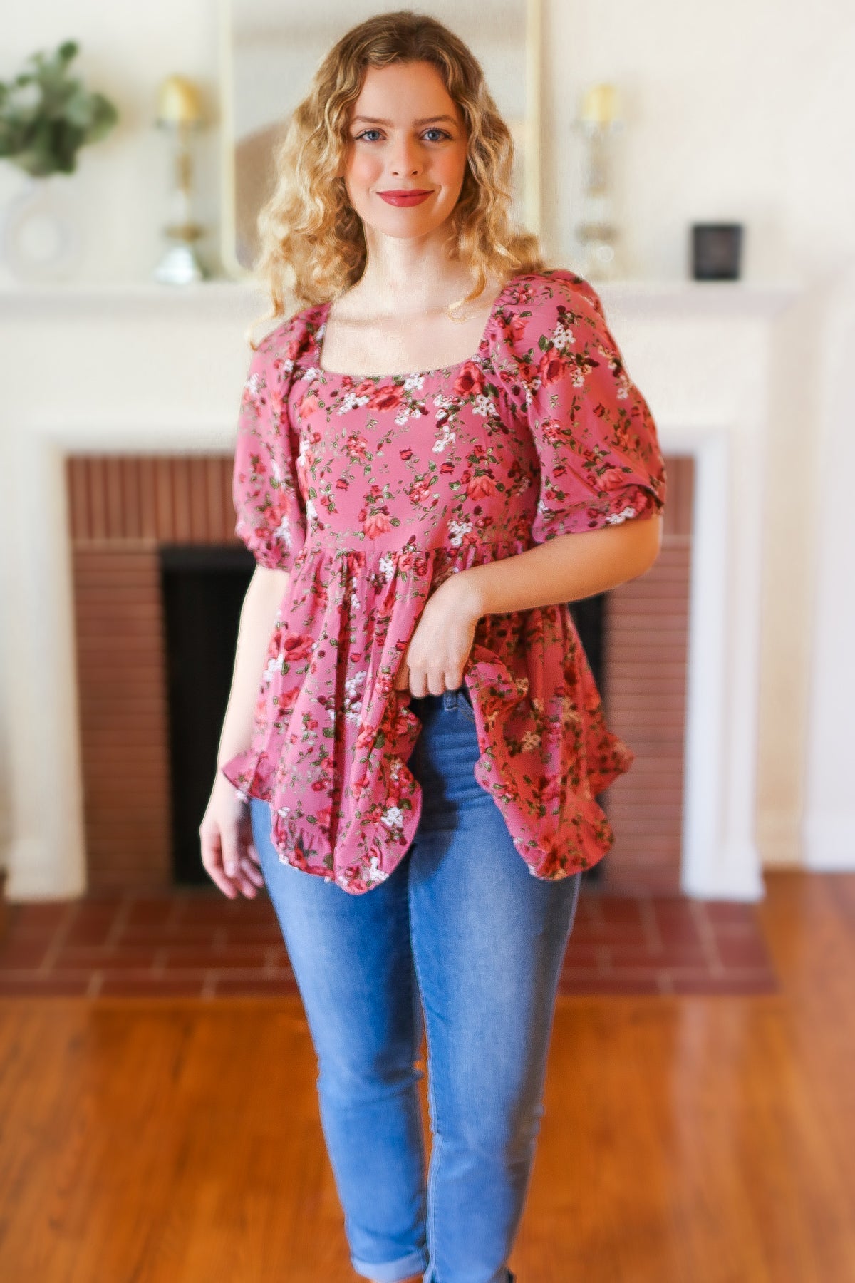 Just So Sweet Dusty Rose Floral Print Smocked Puff Sleeve Top