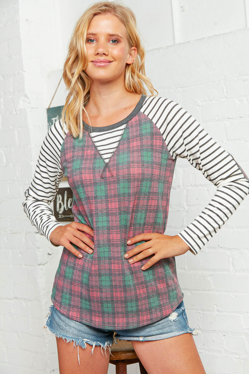 Plaid and Stripe Elbow Pad Raglan Top