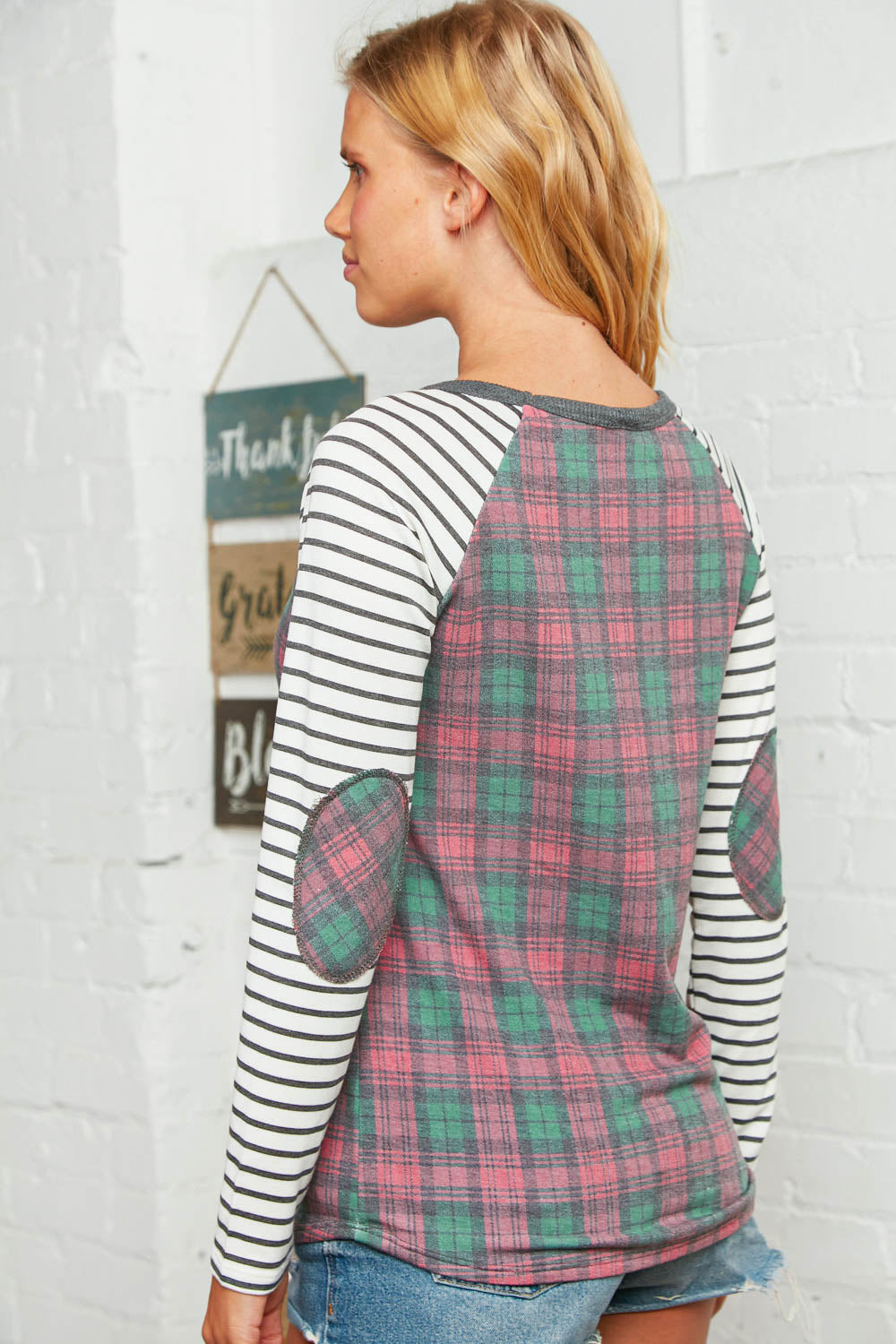 Plaid and Stripe Elbow Pad Raglan Top