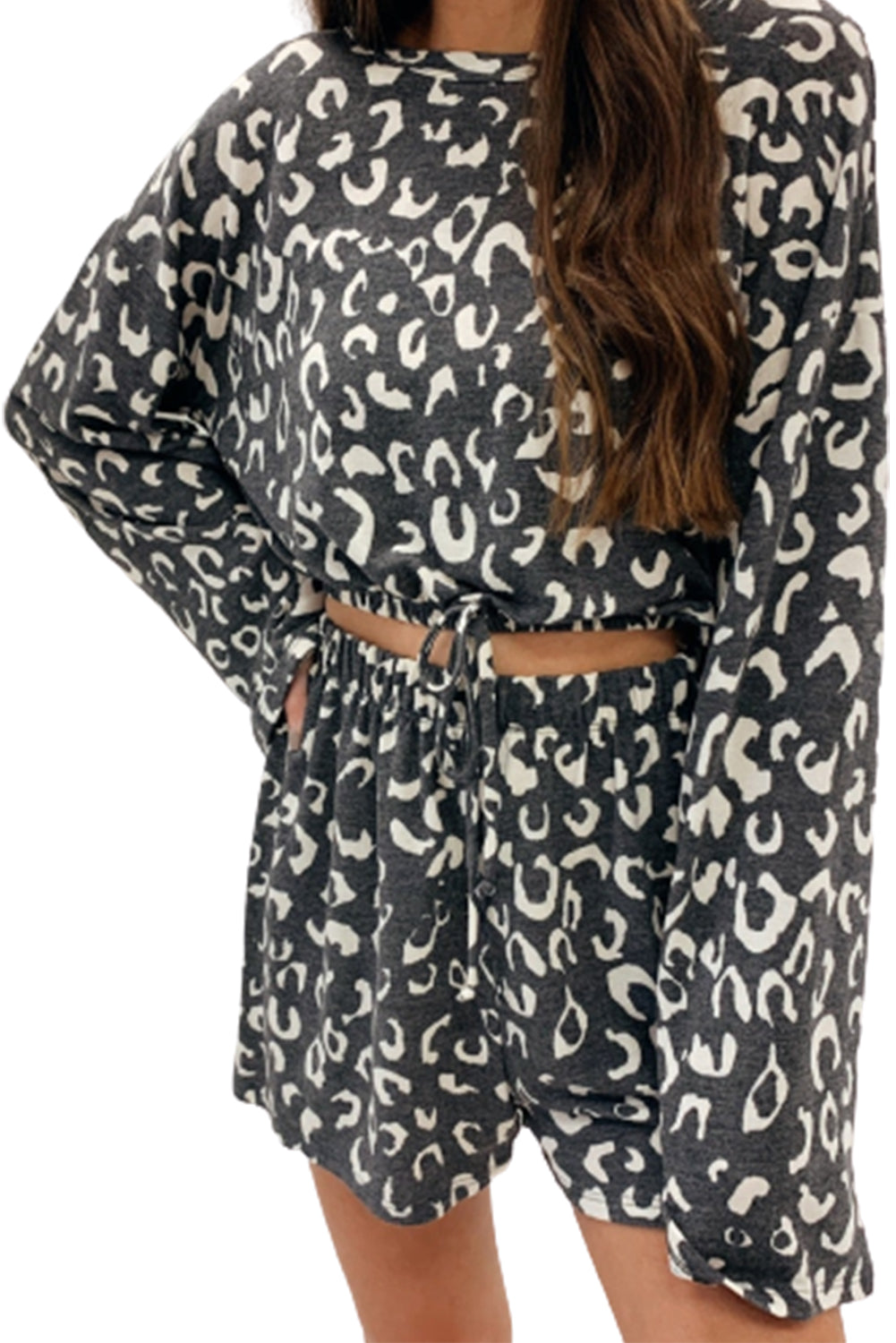 Gray Animal Print Long Sleeves Pullover and Shorts Lounge Set