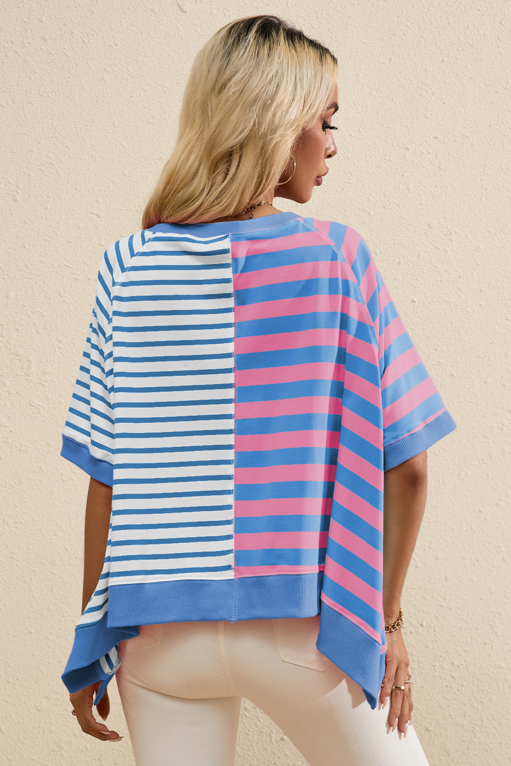 Blue Stripe Contrast Patchwork Oversized T Shirt