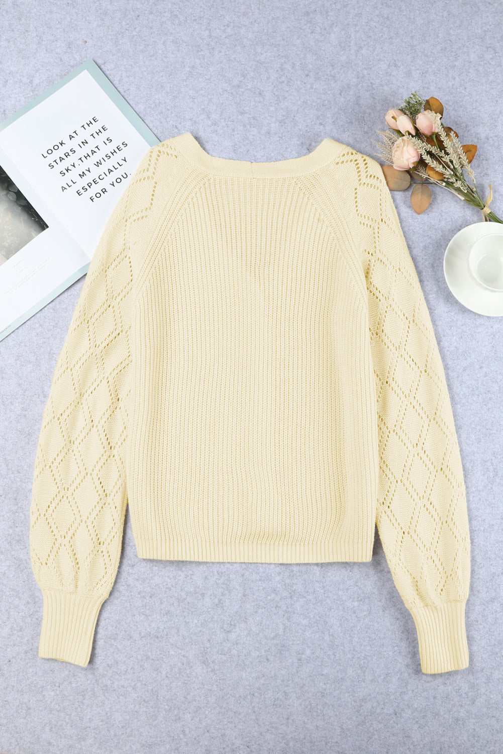 Apricot Bishop Sleeve Button V Neck Sweater