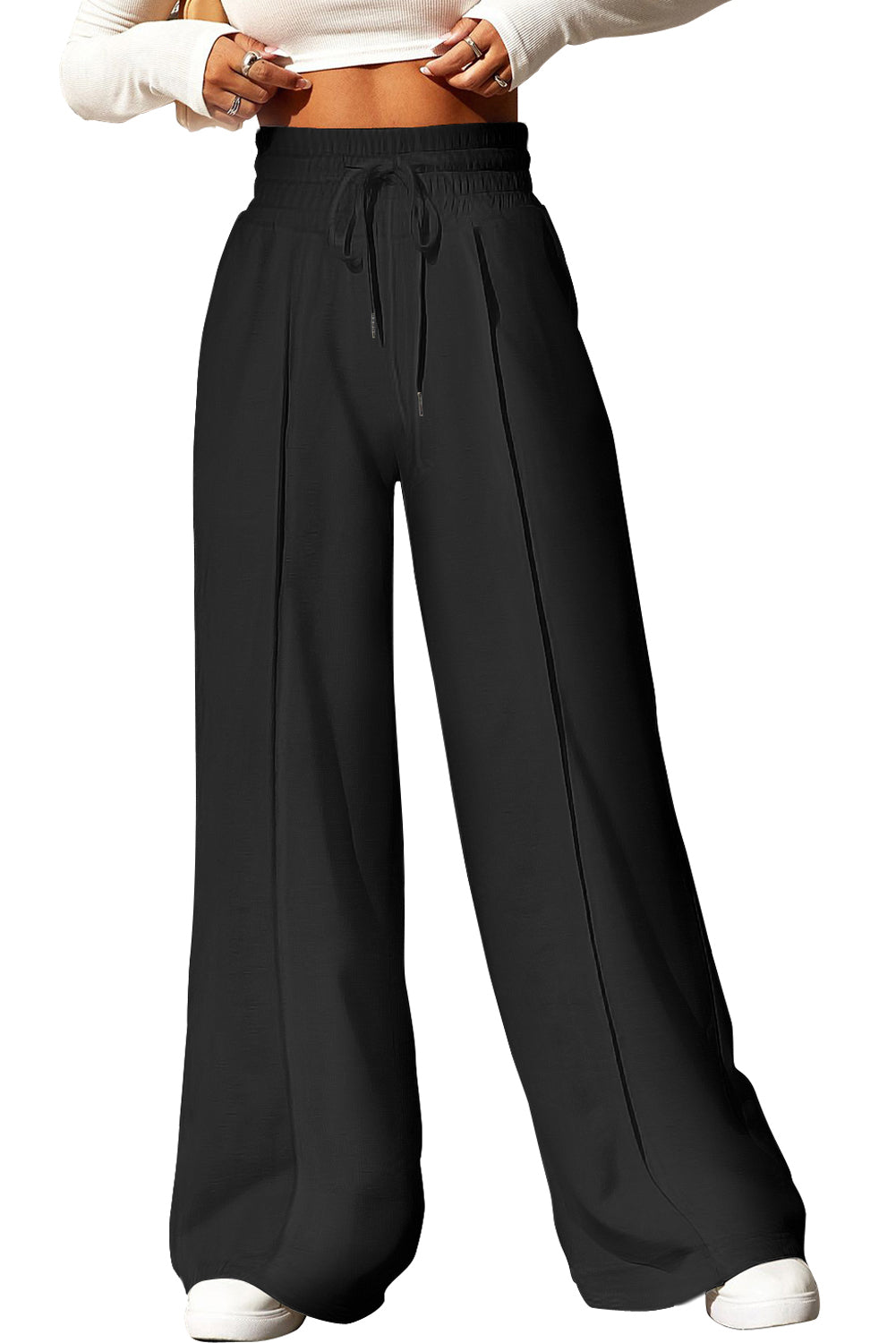 Black Terry Knit Drawstring Smocked Waist Wide Leg Sweatpants