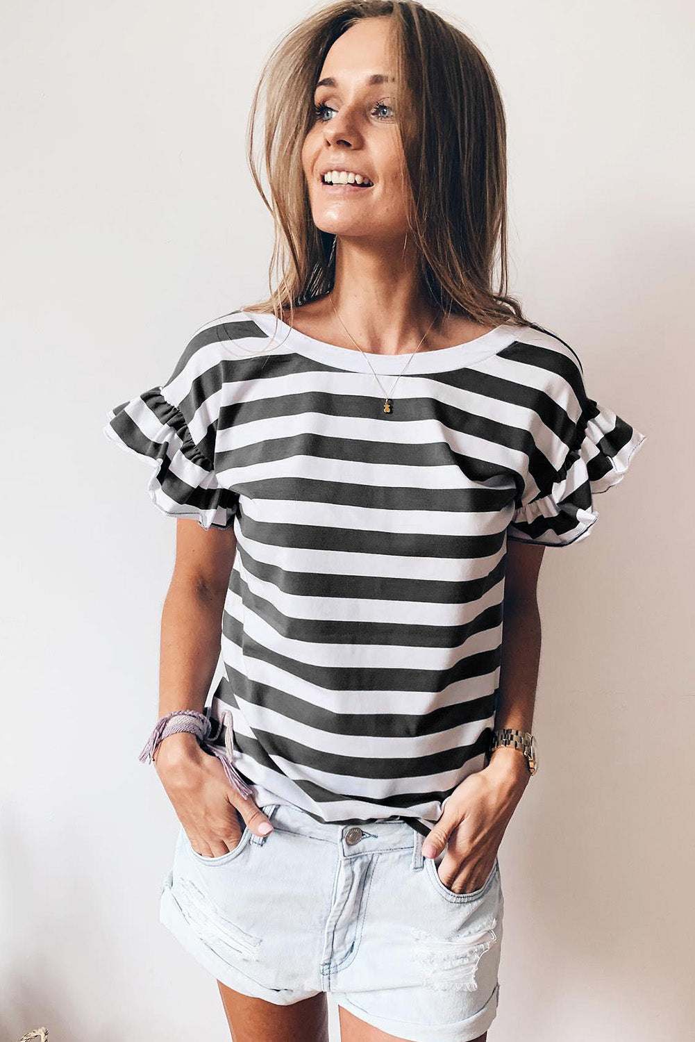 Black Striped V Neck Ruffle Sleeve Top