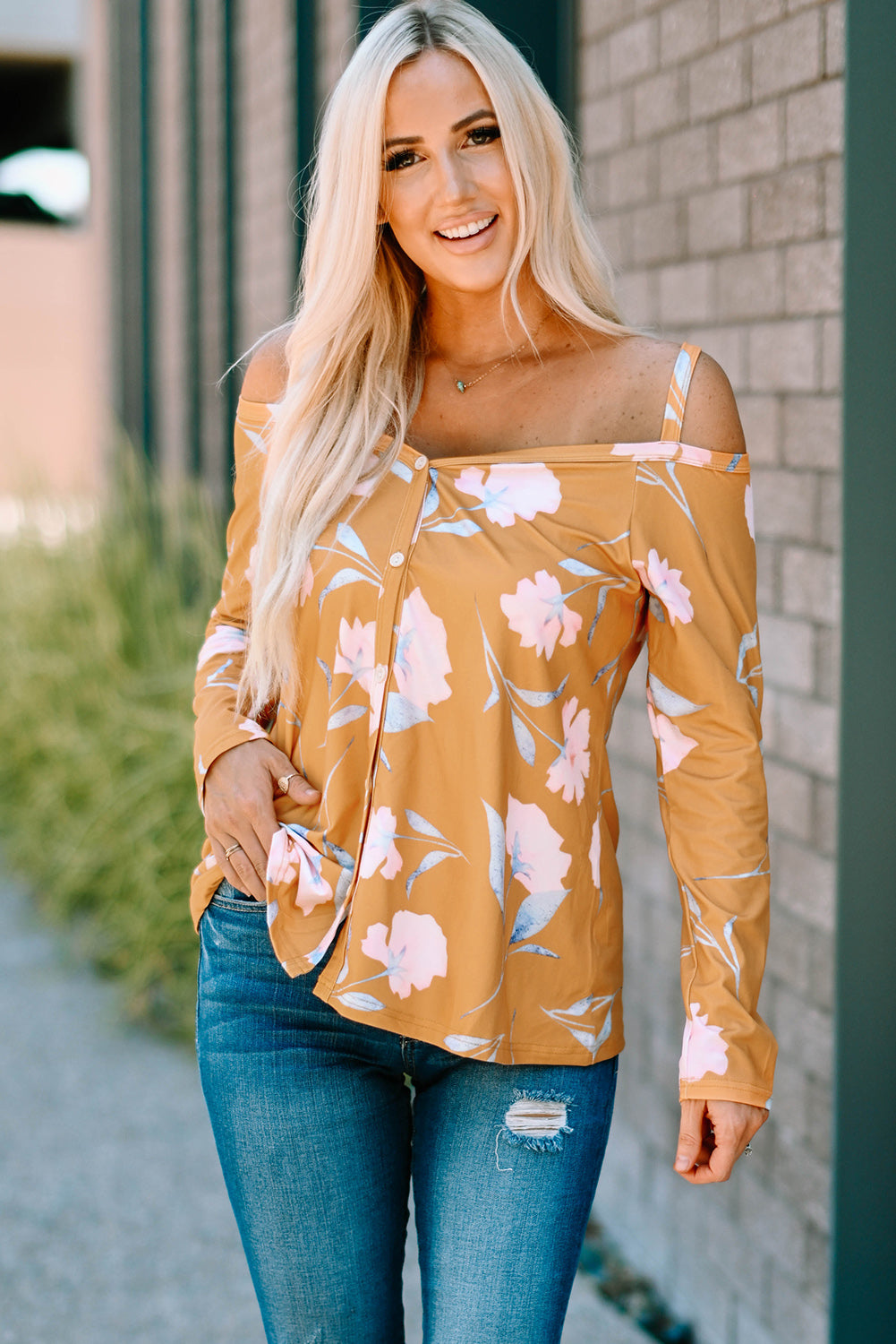 Yellow Cold Shoulder Long Sleeve Floral Top