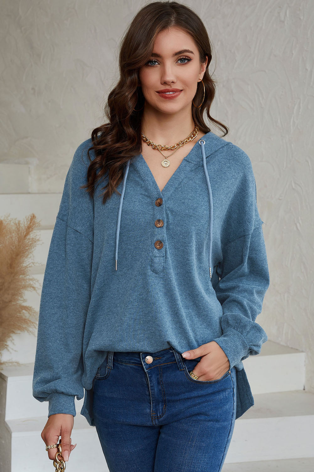 Sky Blue Buttoned High and Low Hem Hoodie