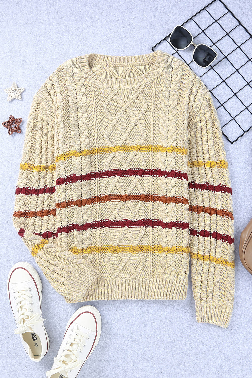 Khaki Striped Color Block Textured Knit Pullover Sweater