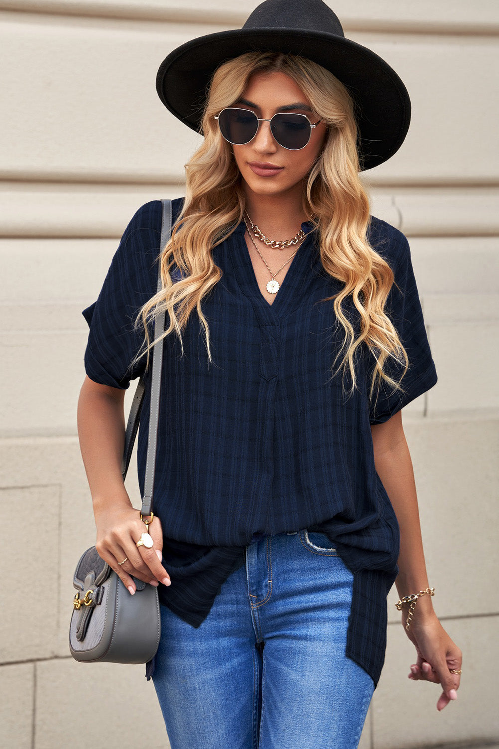 Navy Plaid Print Loose V Neck Short Sleeve Shirt with Slits