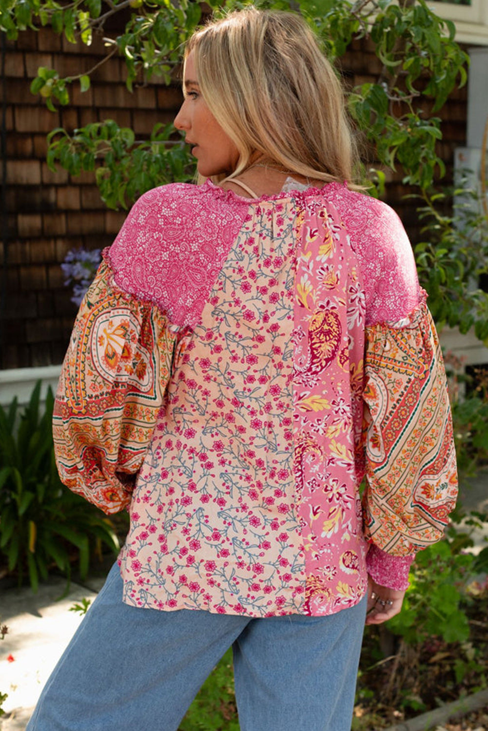 Pink Mixed Floral Printed Puff Sleeve V-Neck Shirt