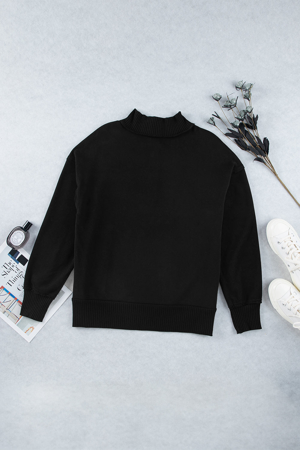 Black Ribbed Hem Snap Button Neckline Sweatshirt with Pocket