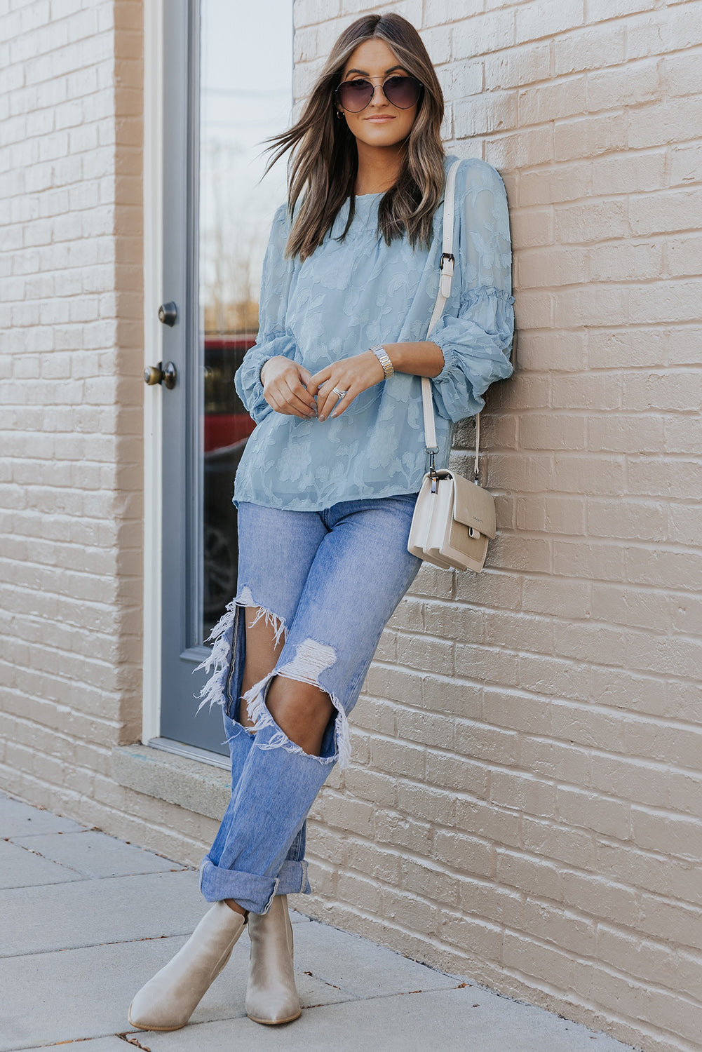 Blue Textured Ruffle Lantern Sleeve Babydoll Blouse