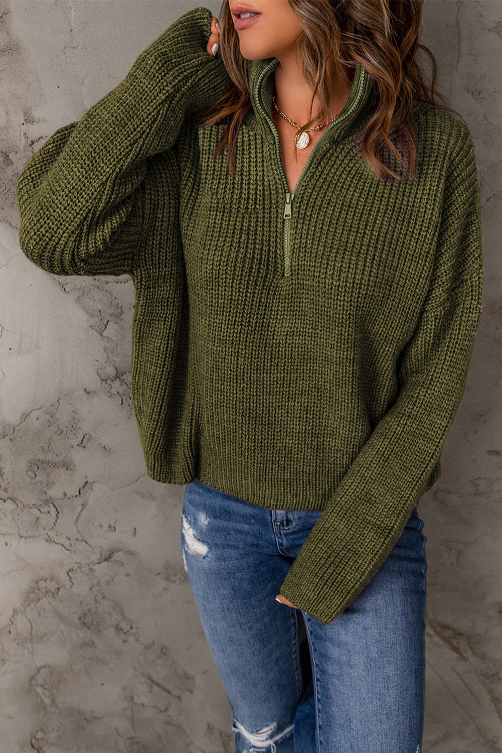 Green Zipped Turtleneck Drop Shoulder Knit Sweater