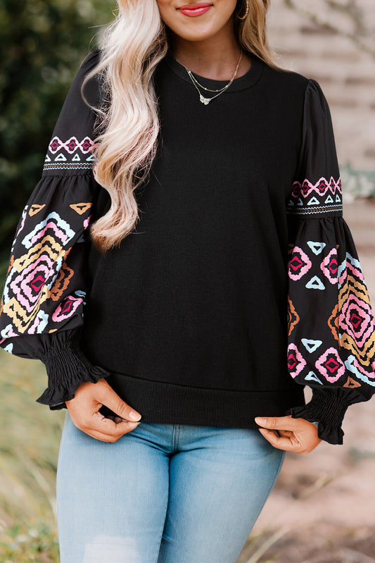 Black Printed Balloon Sleeve Crew Neck Blouse