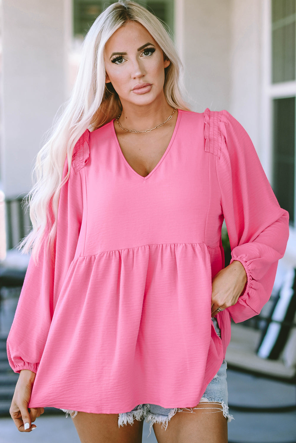 Pink Frilled V Neck Puff Sleeve Babydoll Blouse