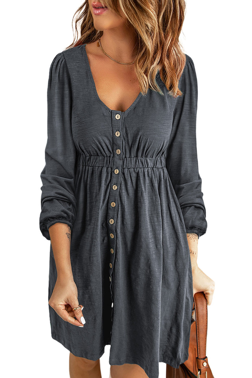 Gray Button Up High Waist Long Sleeve Dress