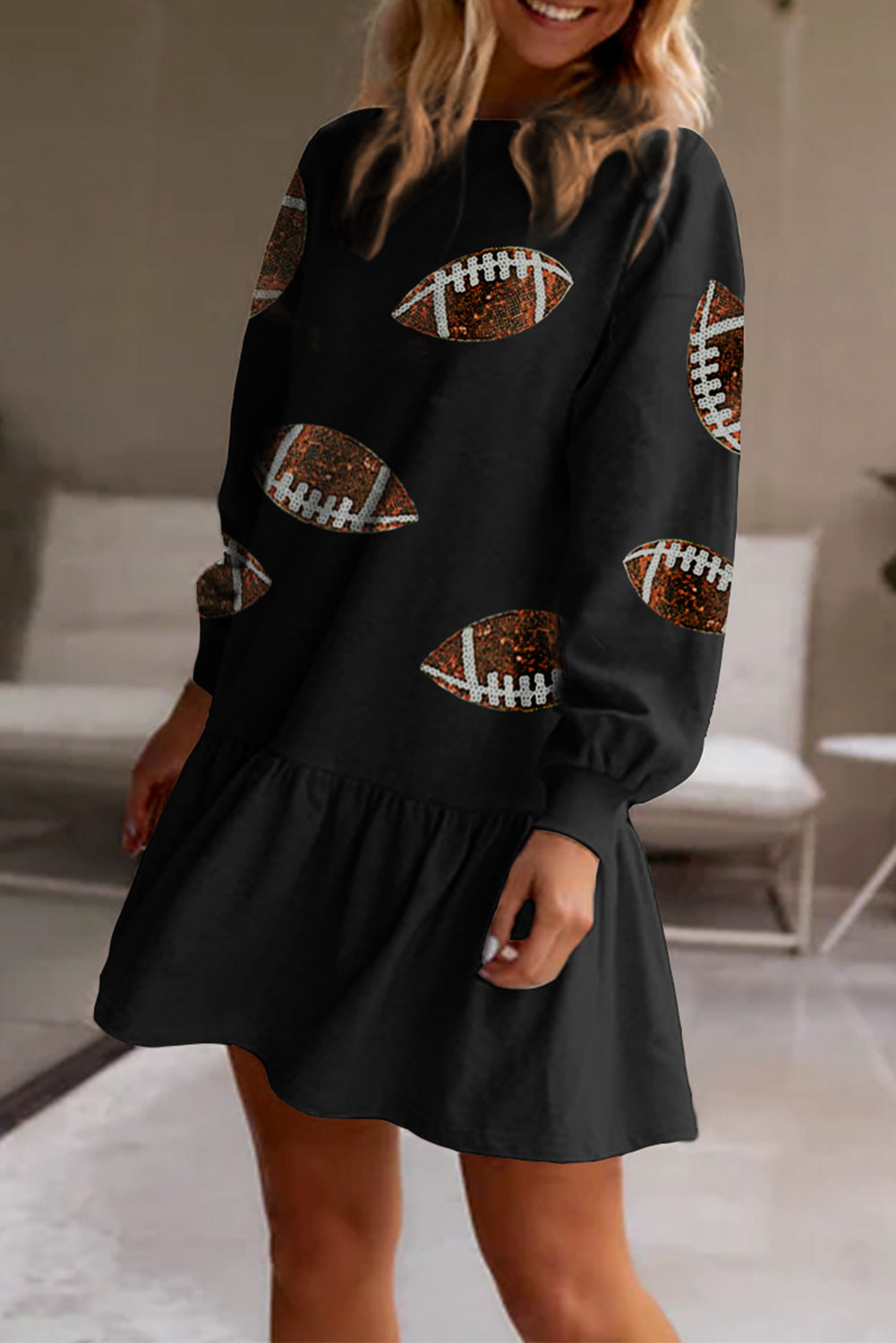 Black Game Day Sequin Rugby Football Pattern Ruffled Short Dress