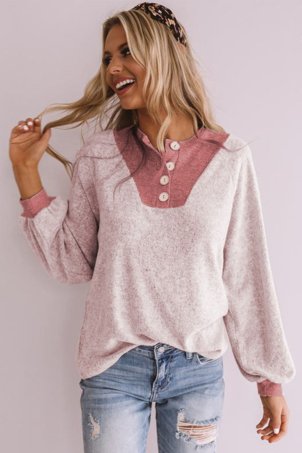 Button Contrast Puff Sleeve Blouse