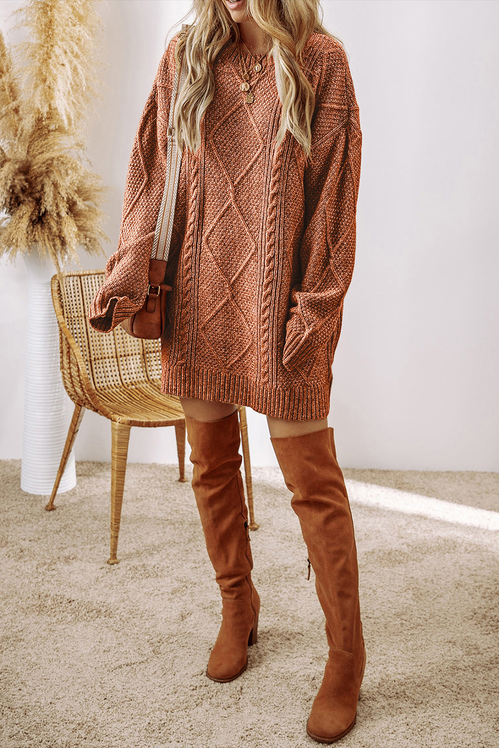 Coffee Cable Knit Drop Shoulder Loose Fit Sweater Dress