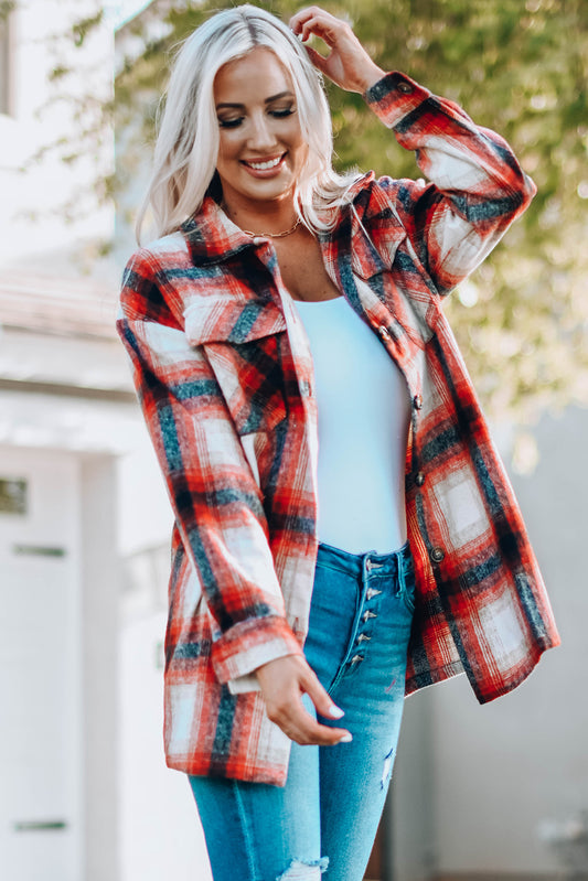 Red Turn down Neck Plaid Pocket Button Closure Coat