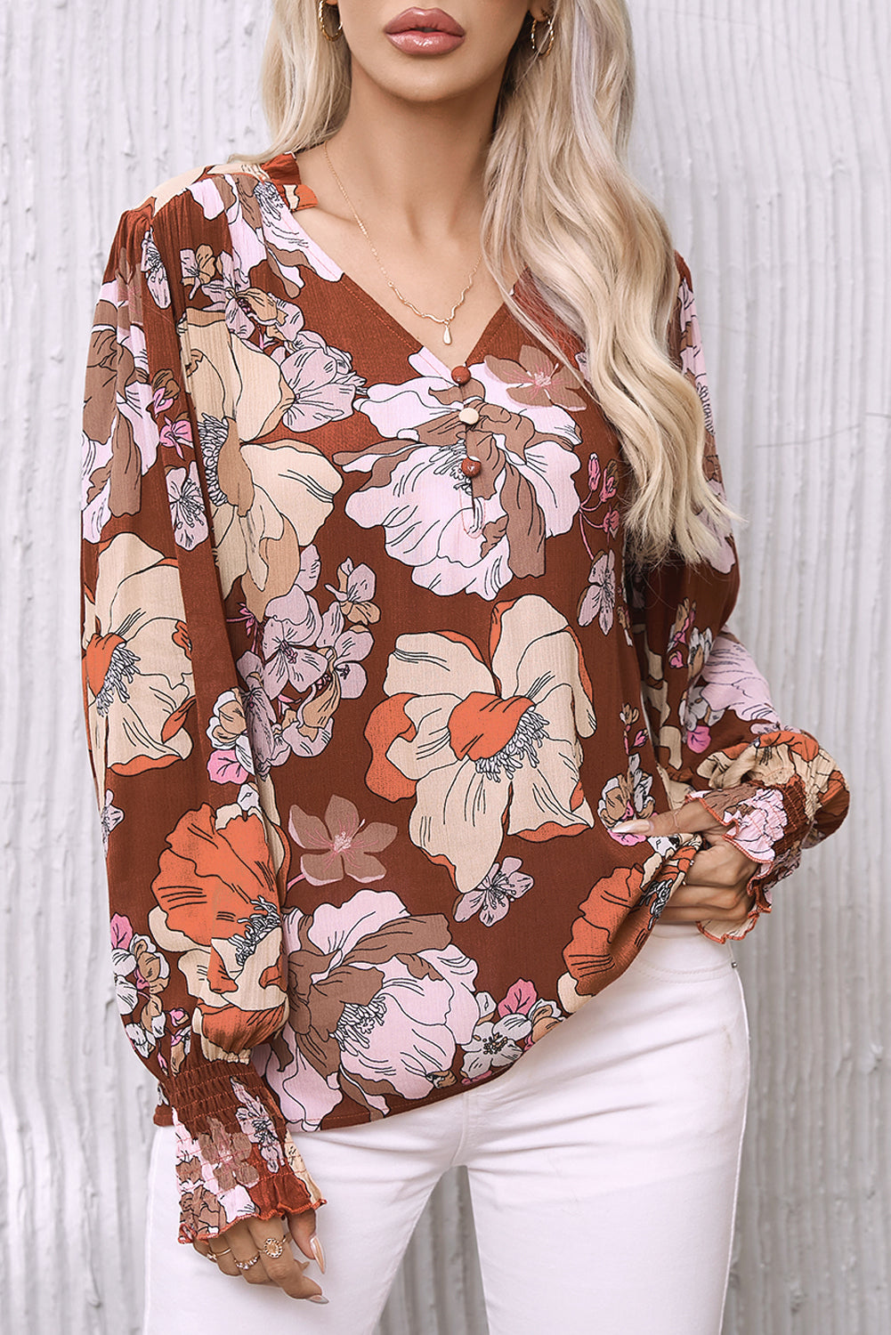 Brown Frilled V Neck Bubble Sleeve Floral Blouse