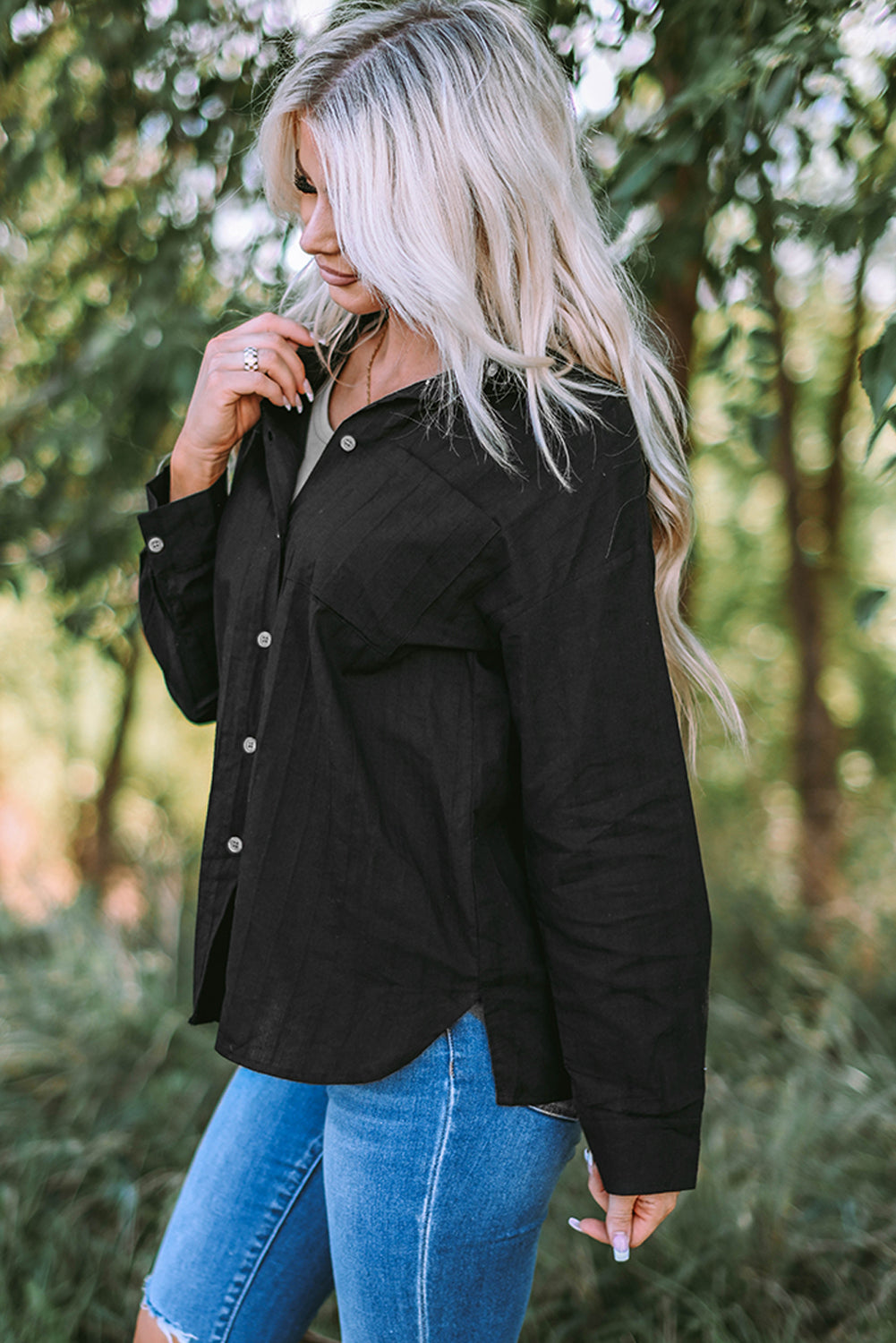 Black Textured Buttoned Pocket Long Sleeve Shirt