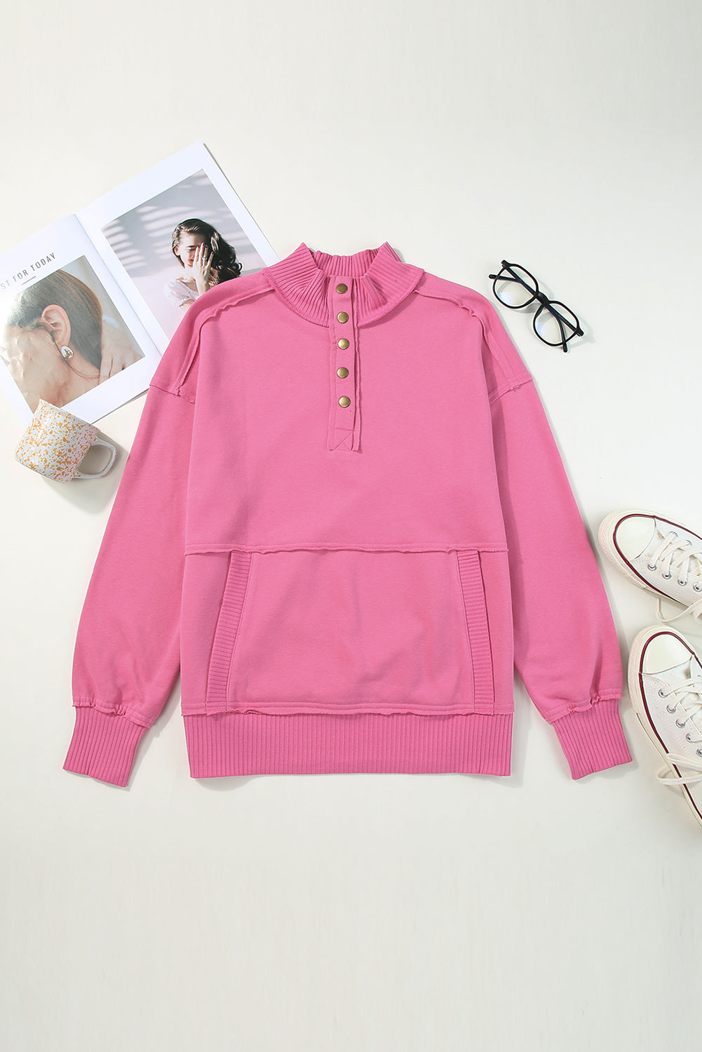 Bright Pink Ribbed Hem Snap Button Neckline Sweatshirt with Pocket