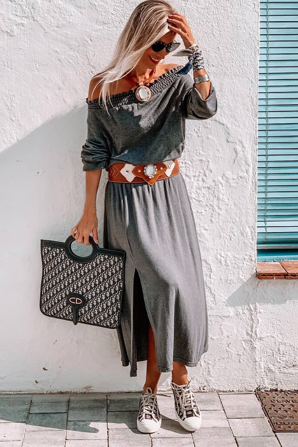 Gray Shirred Off Shoulder Maxi Dress with Split