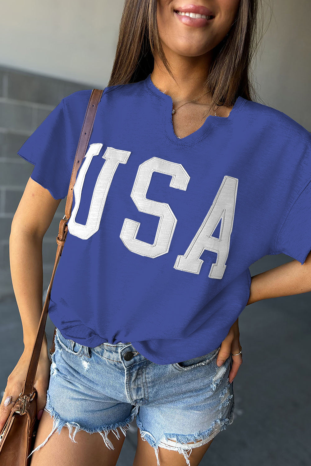 Dark Blue USA Lettering Patch Notched Neck Loose Tee