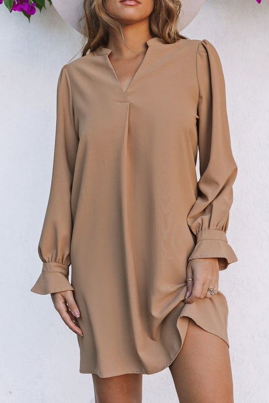 Apricot Split V Neck Ruffled Sleeves Shirt Dress