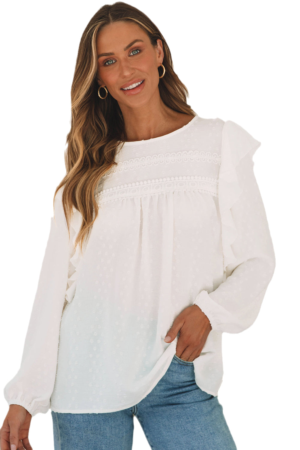 White Lace Eyelet Ruffle Shoulder Long Sleeve Blouse