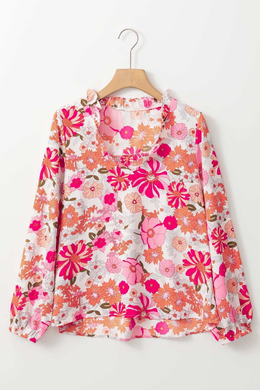 Bright White Floral Print Split V Neck Blouse