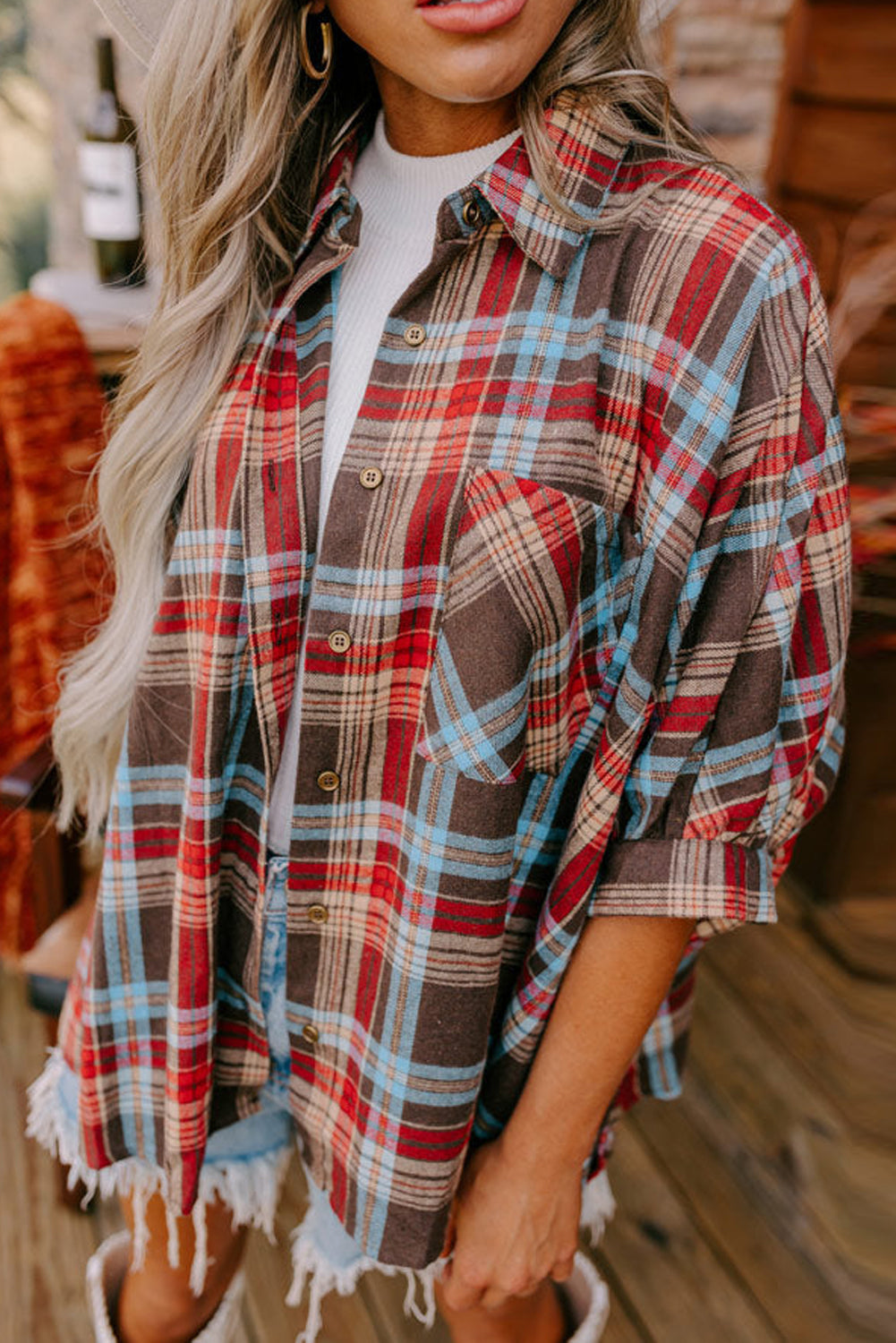 Fiery Red Loose Bracelet Sleeve Plaid Shirt