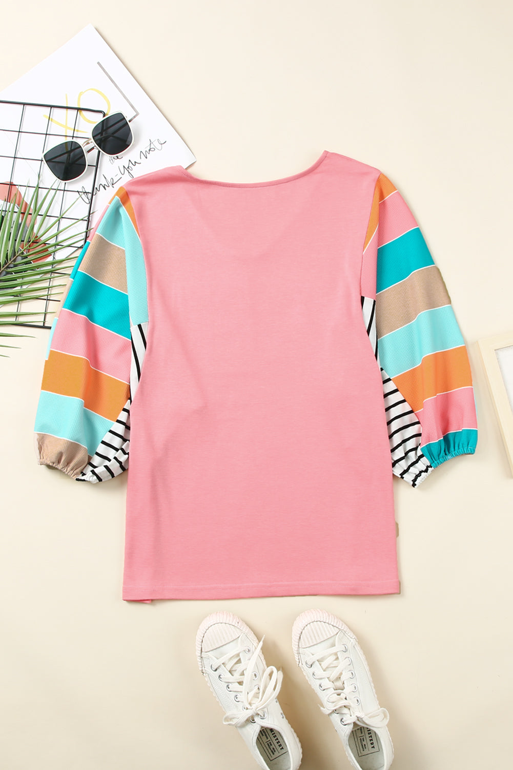 Pink Stripe Color Block Bubble Sleeve Top