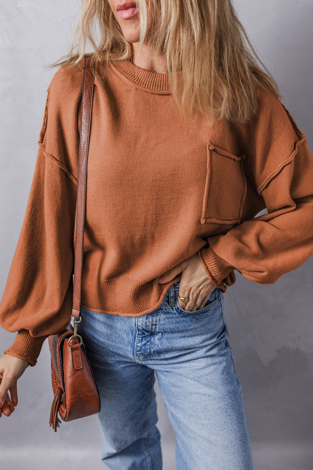 Orange Raw Edge Patch Pocket Exposed Seam Loose Sweater