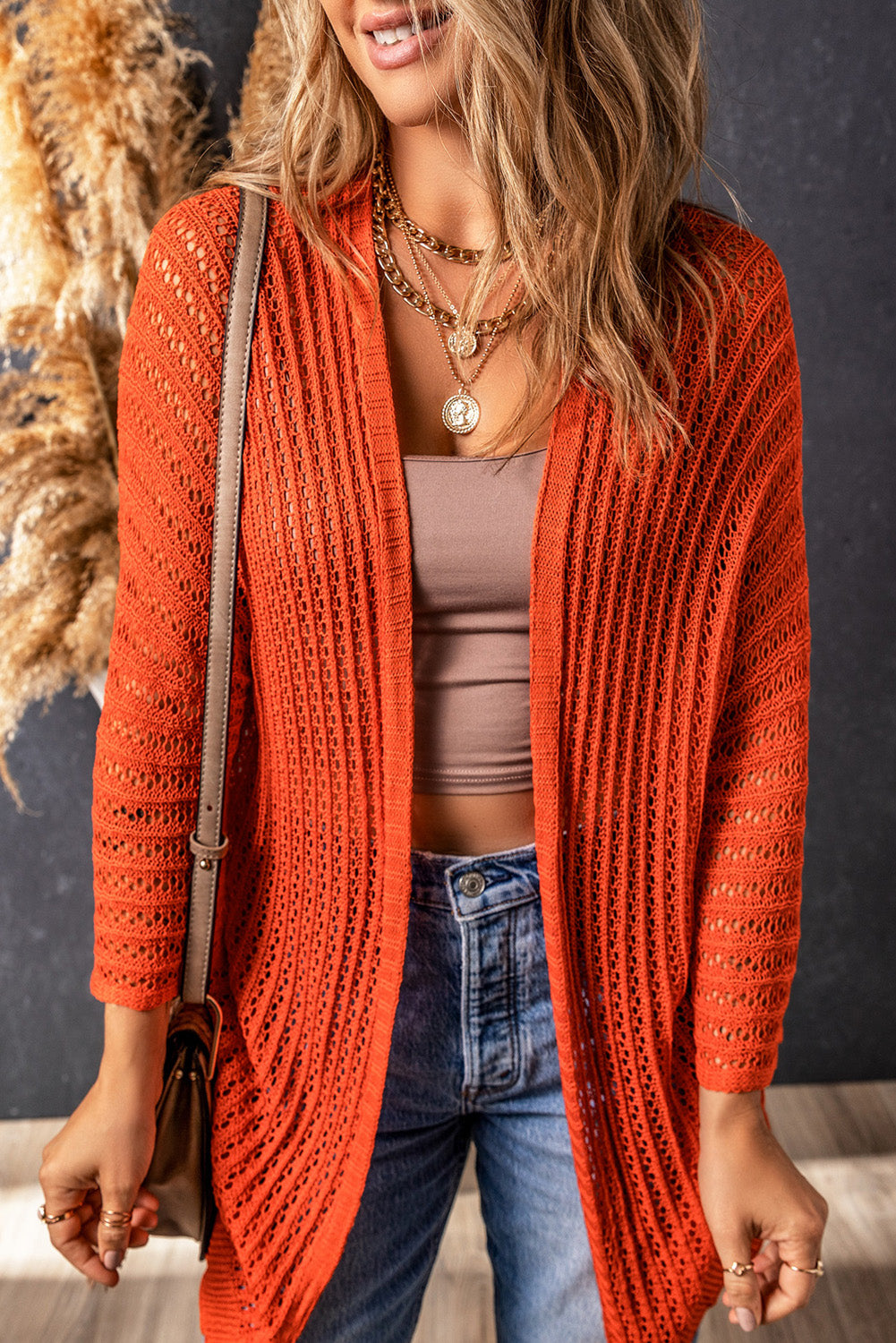 Orange Hollow-out Bracelet Sleeve Knit Cardigan