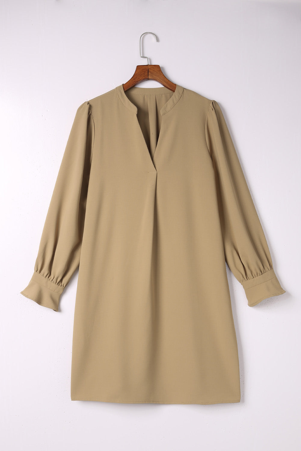 Apricot Split V Neck Ruffled Sleeves Shirt Dress