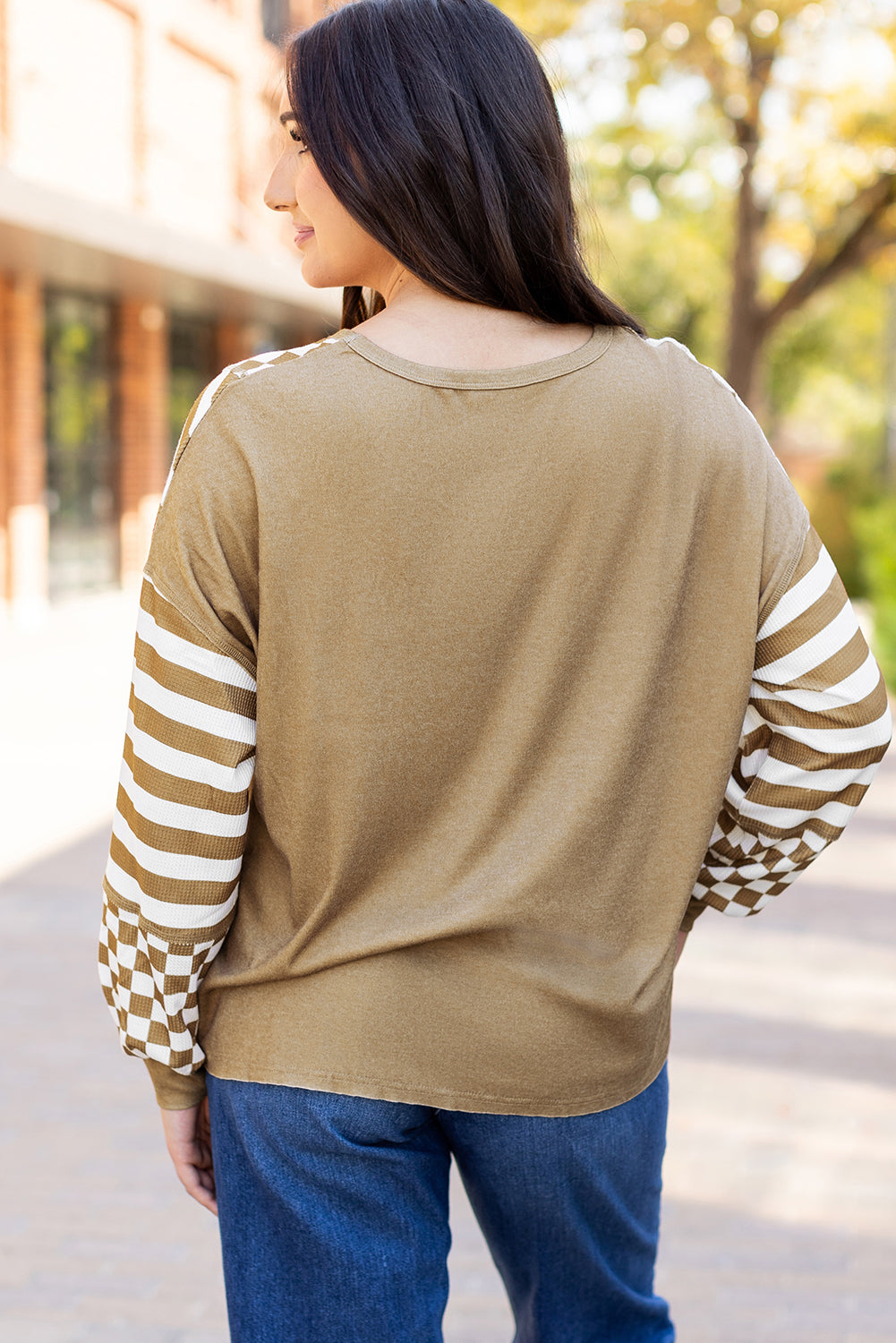 Khaki Checkerboard Striped Patchwork Lantern Sleeve Pocketed Blouse