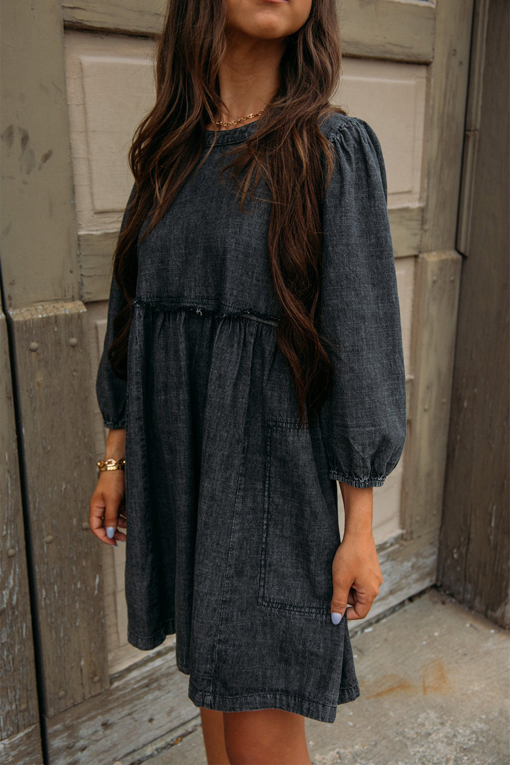 Black Balloon Sleeve High Waist Denim Dress