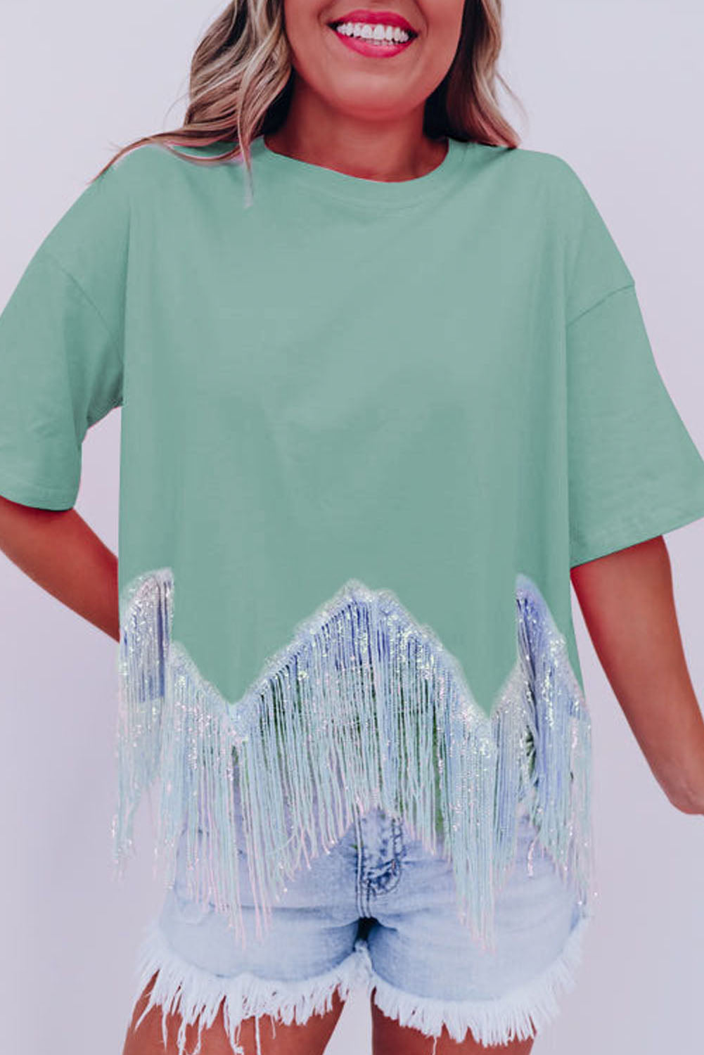 Moonlight Jade Fringed Sequin Crop T-shirt