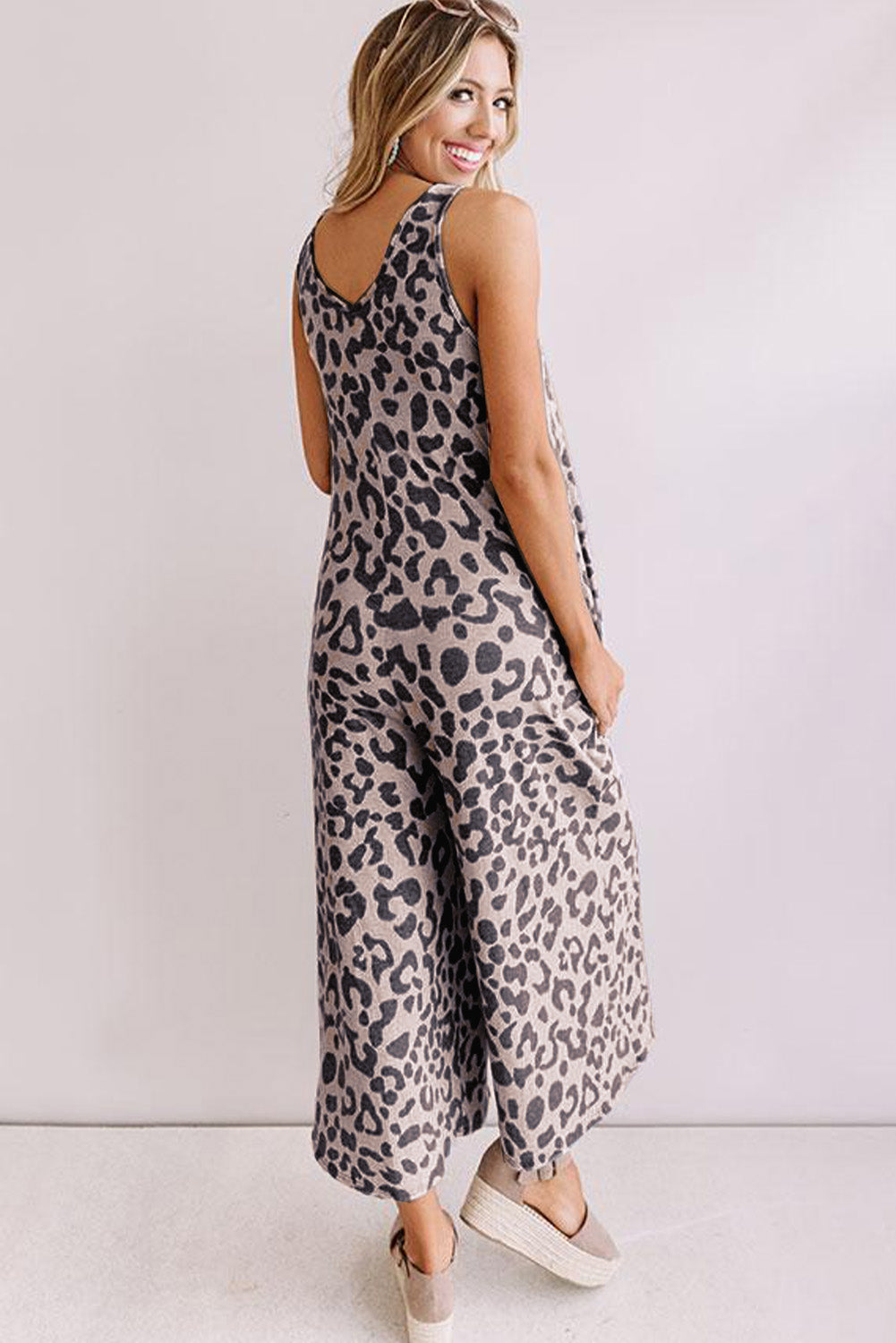 Leopard Print Pockets Wide Leg Sleeveless Jumpsuit