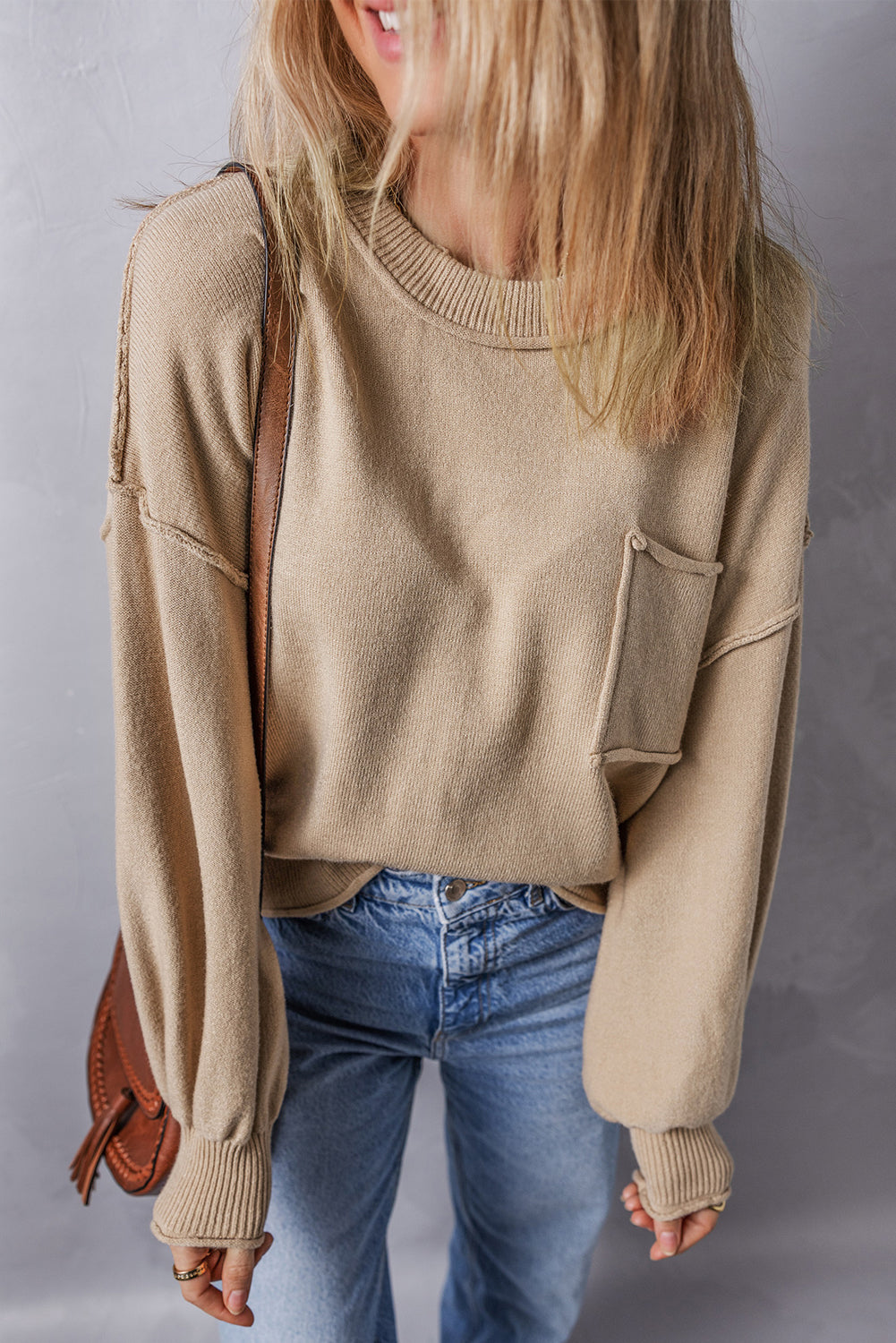 Apricot Raw Edge Patch Pocket Exposed Seam Loose Sweater