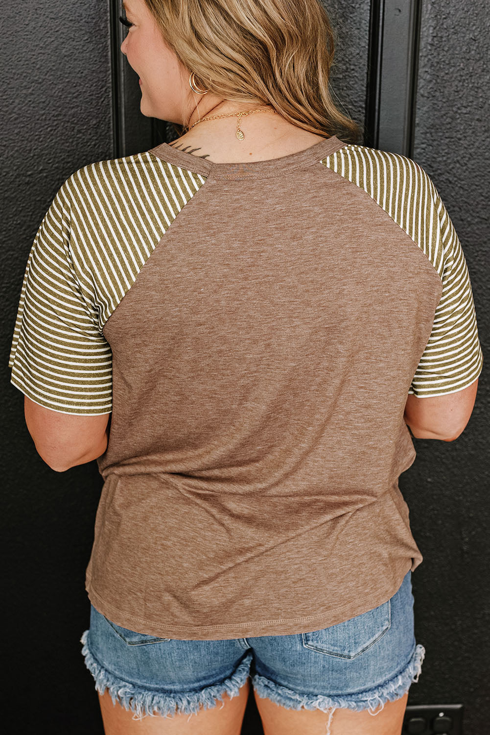 Light French Beige Striped Raglan Sleeve Crewneck Plus Size T Shirt