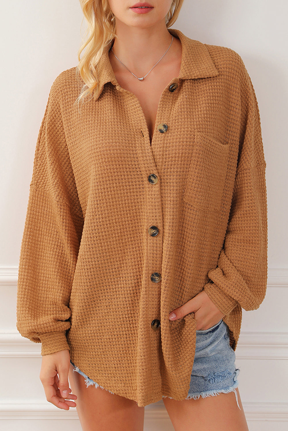 Brown Waffle Knit Button Up Casual Shirt