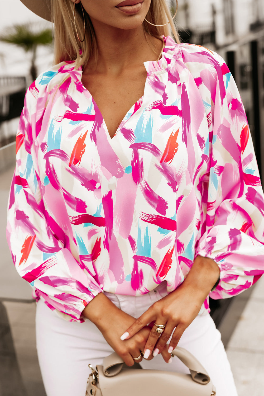 Pink Abstract Brush Print Loose Fit Blouse